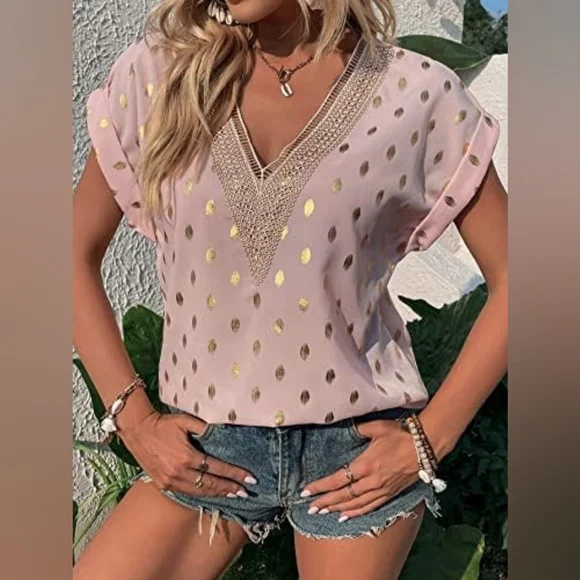 Guipure Lace, Gold Metallic Print, Soft Pink Blouse - Picture 3 of 13